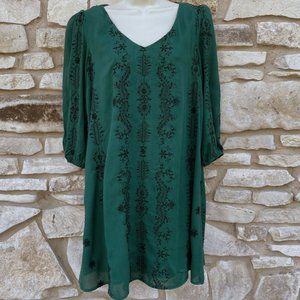 Embroidered Dress Women's S Green Black 3/4 Sleeve Keyhole Back Lined As U Wish